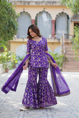 Purple Premium Designer Readymade Top-Sharara-Dupatta Collection