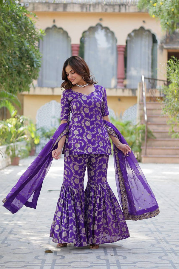 Purple Premium Designer Readymade Top-Sharara-Dupatta Collection
