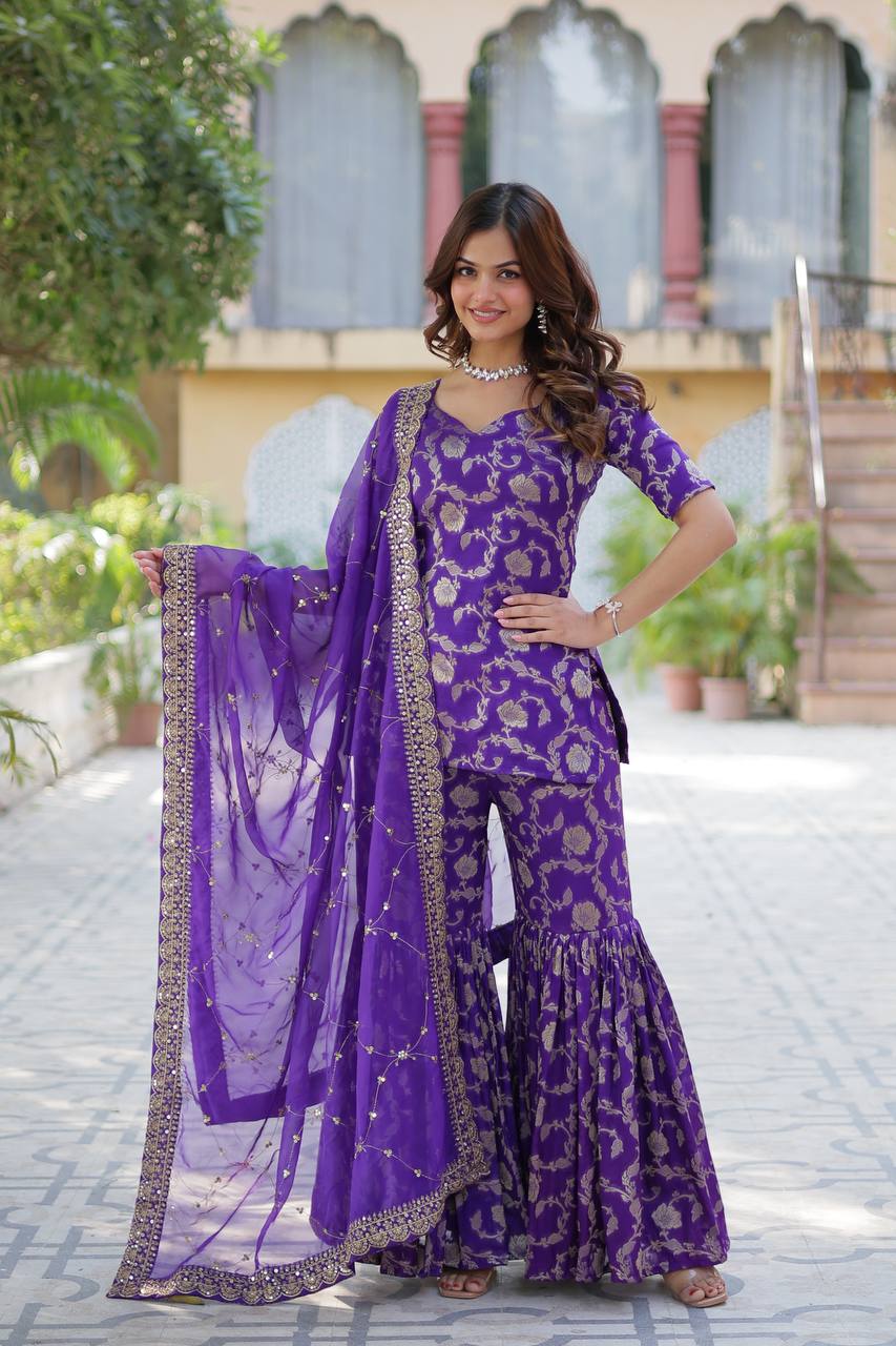 Purple Premium Designer Readymade Top-Sharara-Dupatta Collection