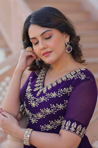 Purple Premium Faux Blooming Frill Gown with Sequins, Multithread & Beads Embroidery ClothsVilla