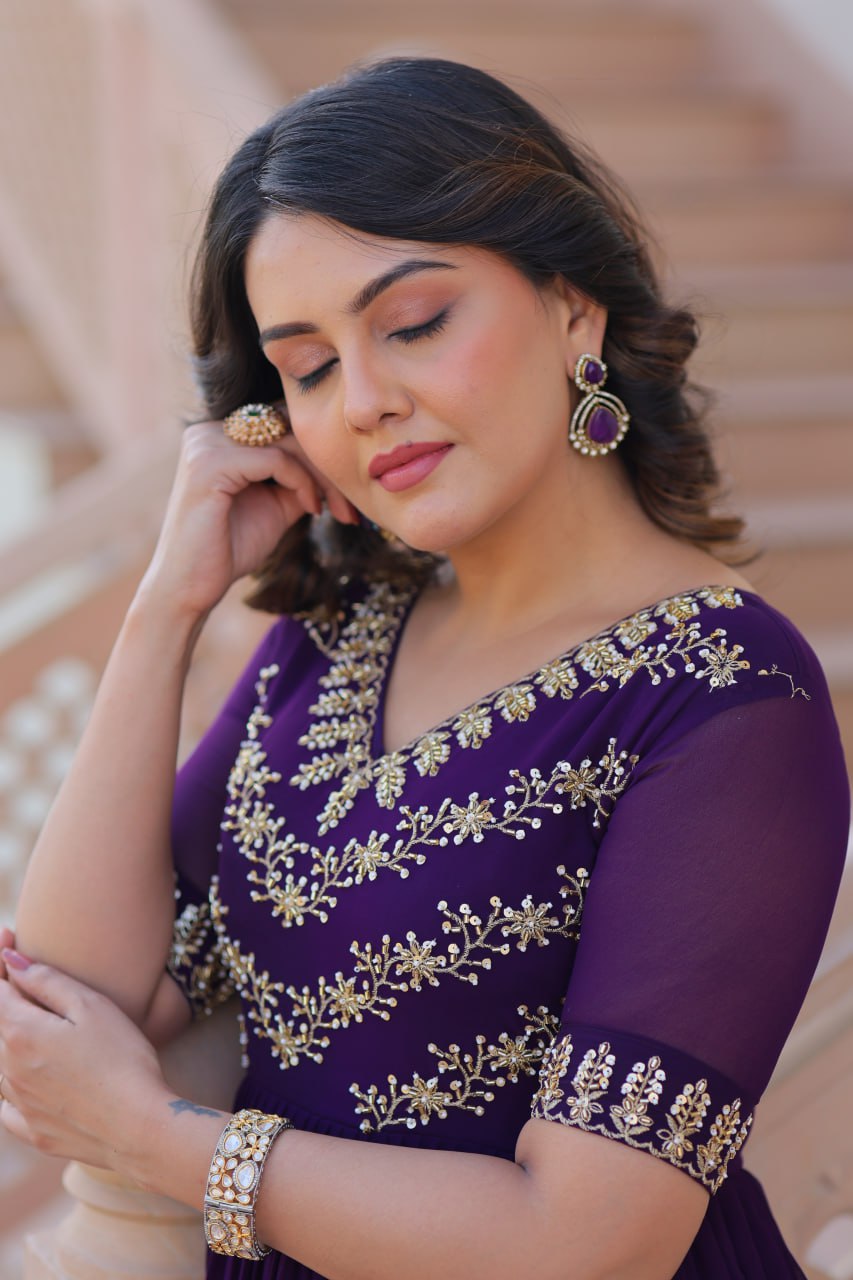 Purple Premium Faux Blooming Frill Gown with Sequins, Multithread & Beads Embroidery ClothsVilla