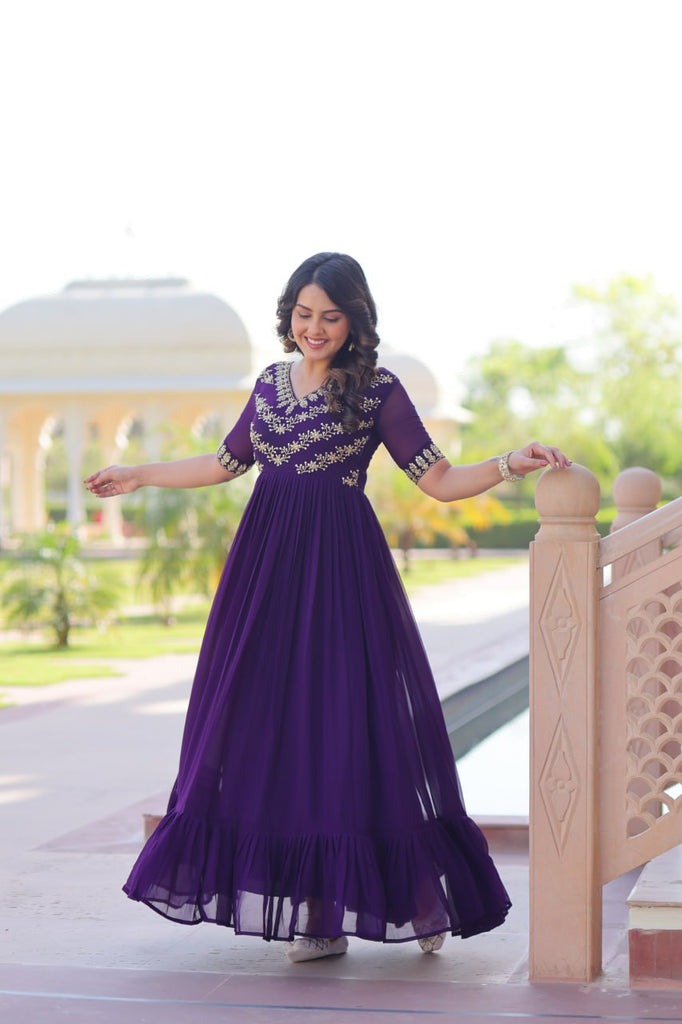 Purple Premium Faux Blooming Frill Gown with Sequins, Multithread & Beads Embroidery ClothsVilla