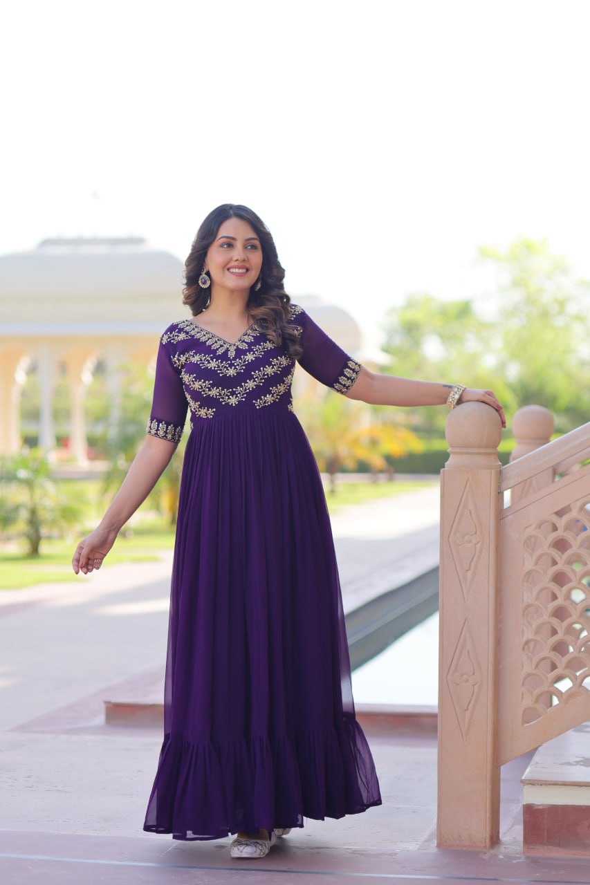 Purple Premium Faux Blooming Frill Gown with Sequins, Multithread & Beads Embroidery ClothsVilla