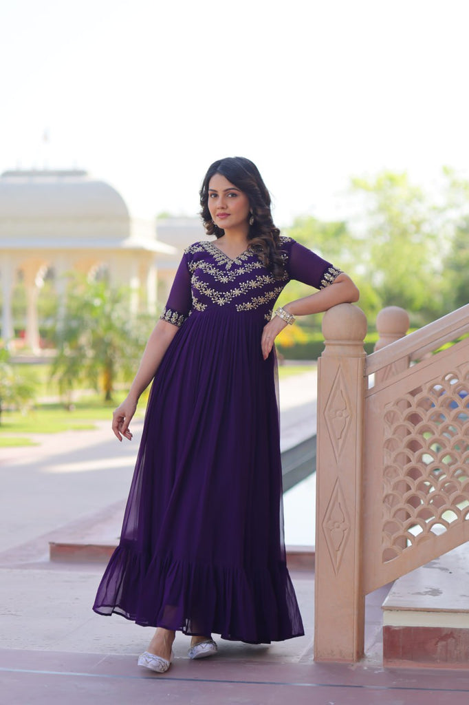 Purple Premium Faux Blooming Frill Gown with Sequins, Multithread & Beads Embroidery ClothsVilla