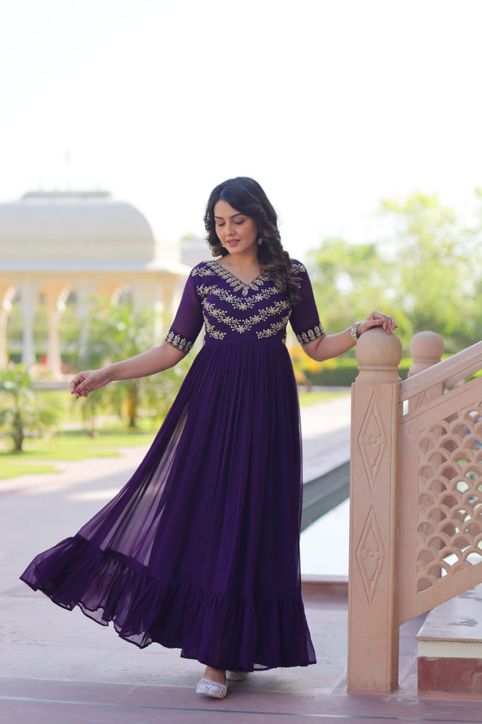 Purple Premium Faux Blooming Frill Gown with Sequins, Multithread & Beads Embroidery ClothsVilla