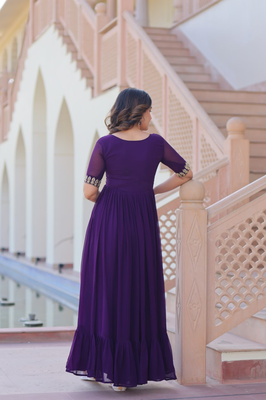 Purple Premium Faux Blooming Frill Gown with Sequins, Multithread & Beads Embroidery ClothsVilla