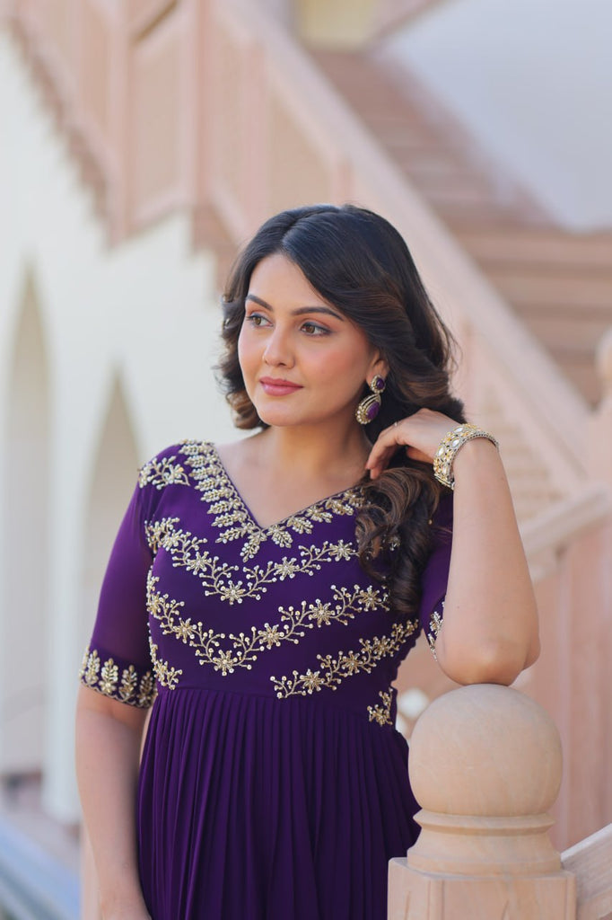 Purple Premium Faux Blooming Frill Gown with Sequins, Multithread & Beads Embroidery ClothsVilla