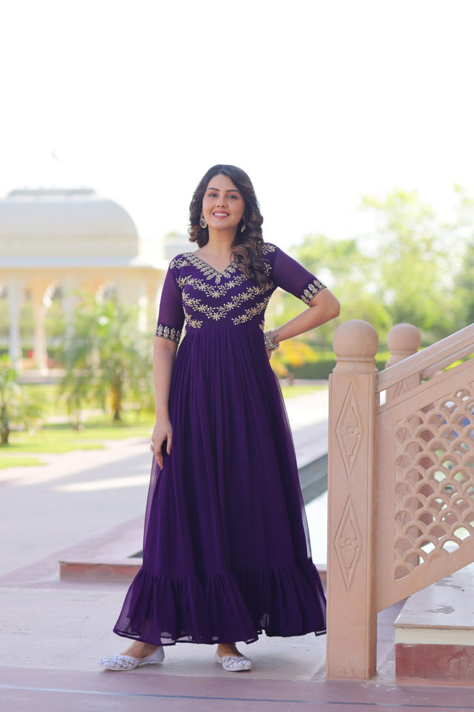 Purple Premium Faux Blooming Frill Gown with Sequins, Multithread & Beads Embroidery ClothsVilla