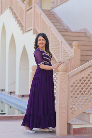 Purple Premium Faux Blooming Frill Gown with Sequins, Multithread & Beads Embroidery ClothsVilla