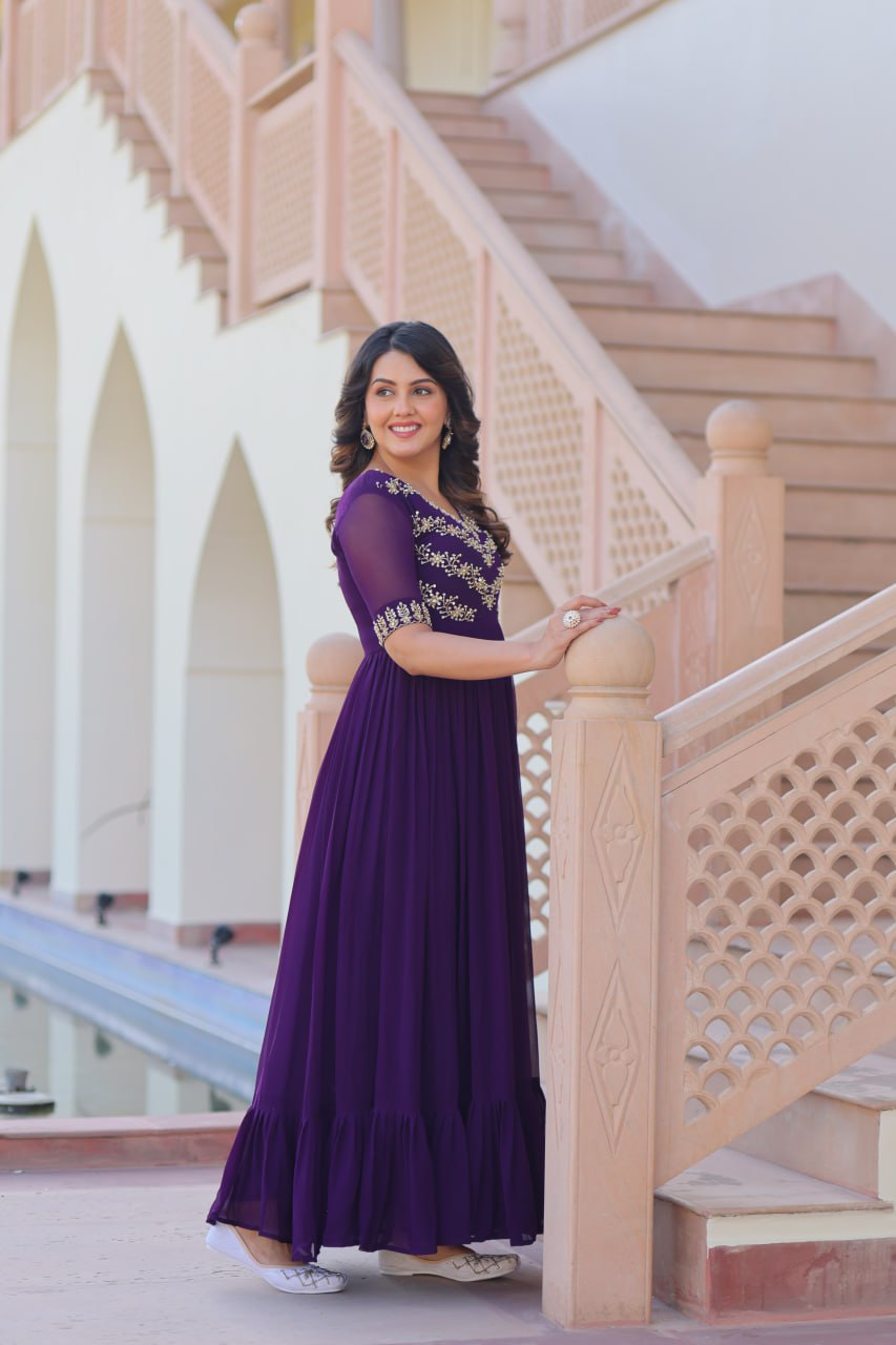Purple Premium Faux Blooming Frill Gown with Sequins, Multithread & Beads Embroidery ClothsVilla