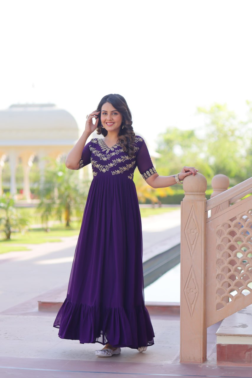 Purple Premium Faux Blooming Frill Gown with Sequins, Multithread & Beads Embroidery ClothsVilla
