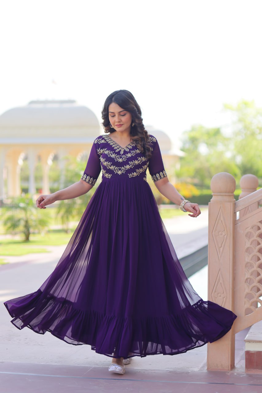 Purple Premium Faux Blooming Frill Gown with Sequins, Multithread & Beads Embroidery Secondary image