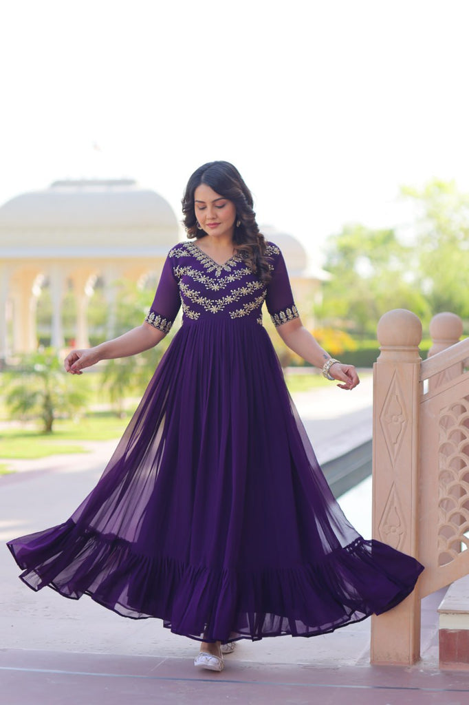 Purple Premium Faux Blooming Frill Gown with Sequins, Multithread & Beads Embroidery ClothsVilla
