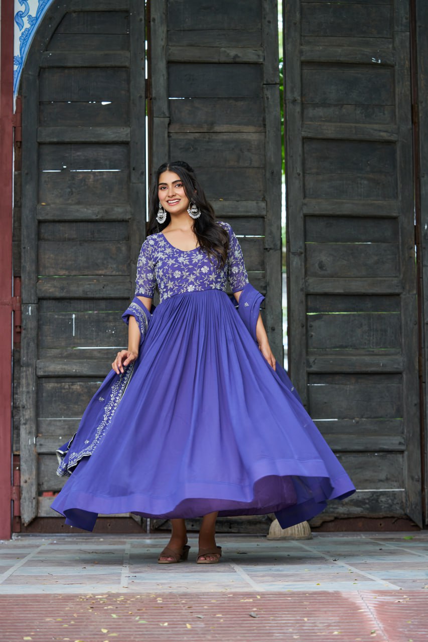 Purple Premium Faux Blooming Sequins & Multithread Beads Embroidered Gown with Designer Dupatta ClothsVilla