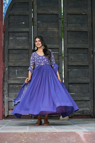 Purple Premium Faux Blooming Sequins & Multithread Beads Embroidered Gown with Designer Dupatta ClothsVilla