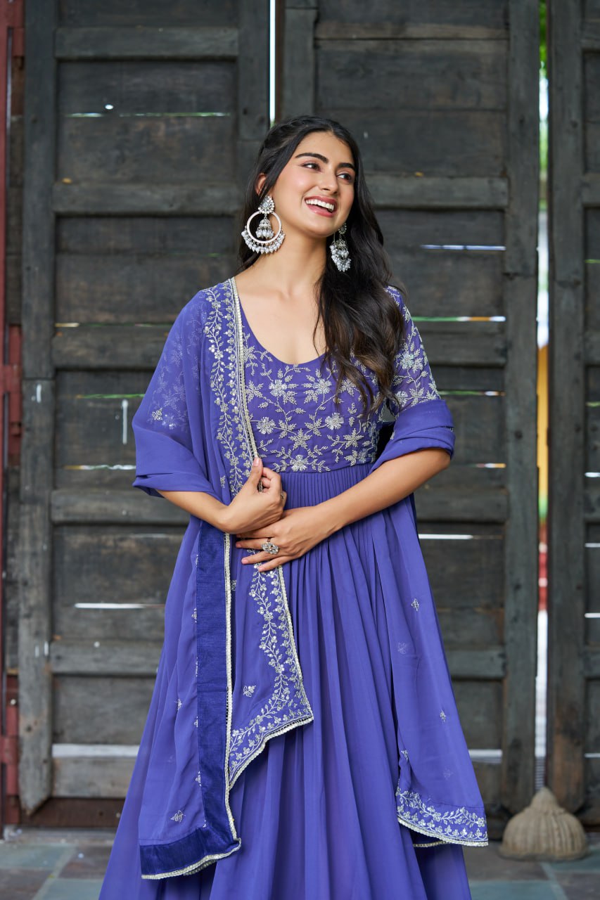 Purple Premium Faux Blooming Sequins & Multithread Beads Embroidered Gown with Designer Dupatta ClothsVilla