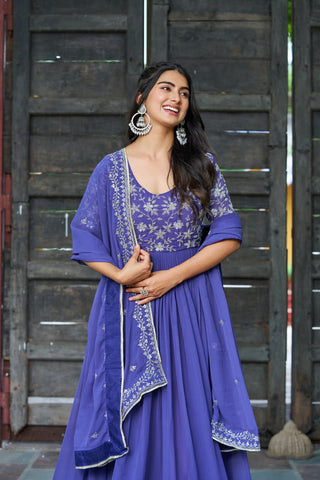 Purple Premium Faux Blooming Sequins & Multithread Beads Embroidered Gown with Designer Dupatta ClothsVilla