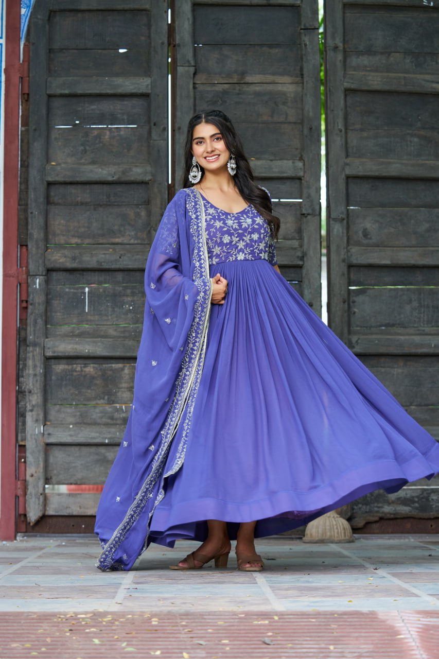 Purple Premium Faux Blooming Sequins & Multithread Beads Embroidered Gown with Designer Dupatta ClothsVilla
