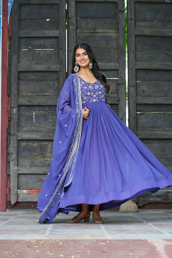 Purple Premium Faux Blooming Sequins & Multithread Beads Embroidered Gown with Designer Dupatta ClothsVilla