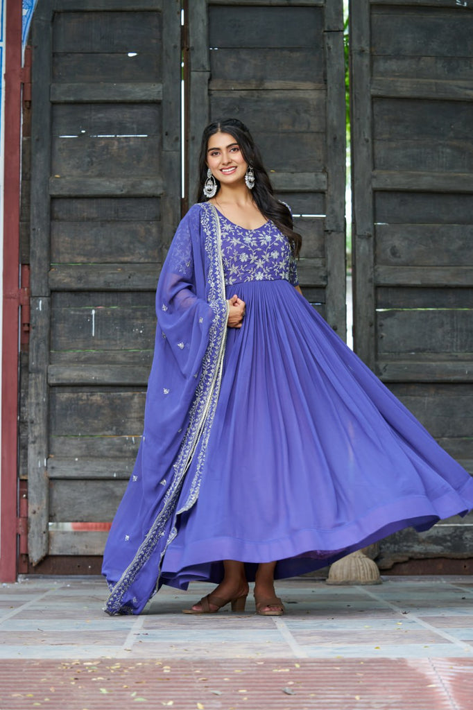 Purple Premium Faux Blooming Sequins & Multithread Beads Embroidered Gown with Designer Dupatta ClothsVilla