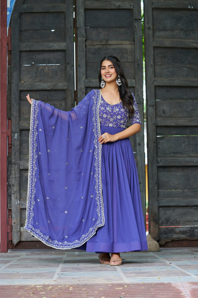 Purple Premium Faux Blooming Sequins & Multithread Beads Embroidered Gown with Designer Dupatta ClothsVilla