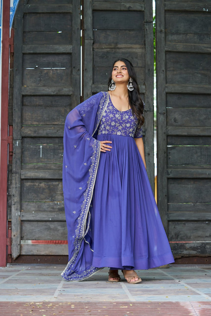 Purple Premium Faux Blooming Sequins & Multithread Beads Embroidered Gown with Designer Dupatta ClothsVilla