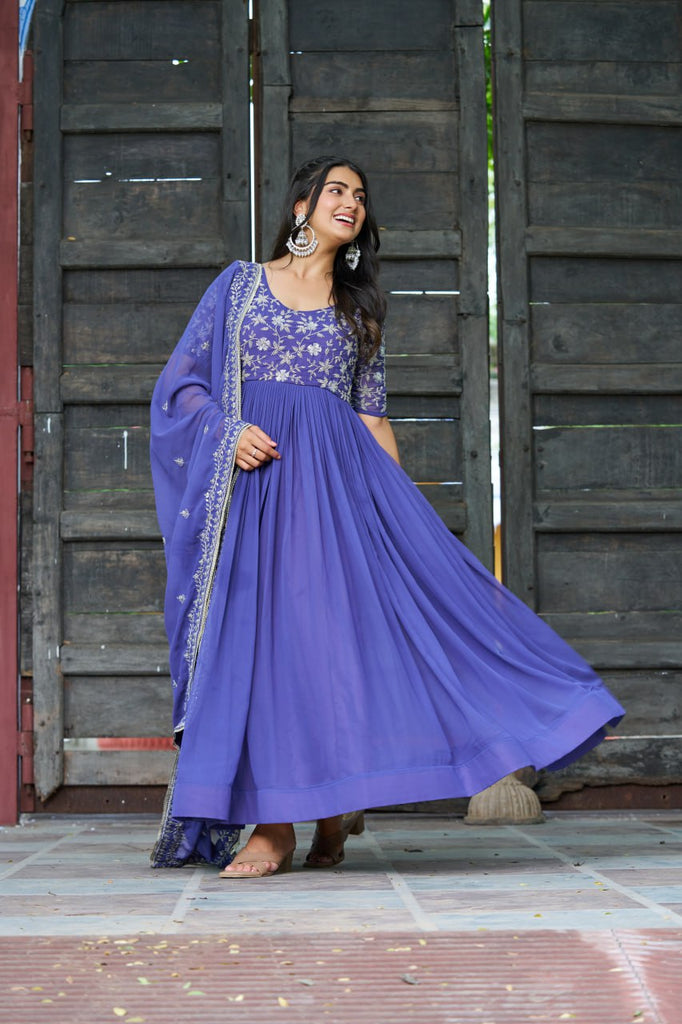 Purple Premium Faux Blooming Sequins & Multithread Beads Embroidered Gown with Designer Dupatta ClothsVilla
