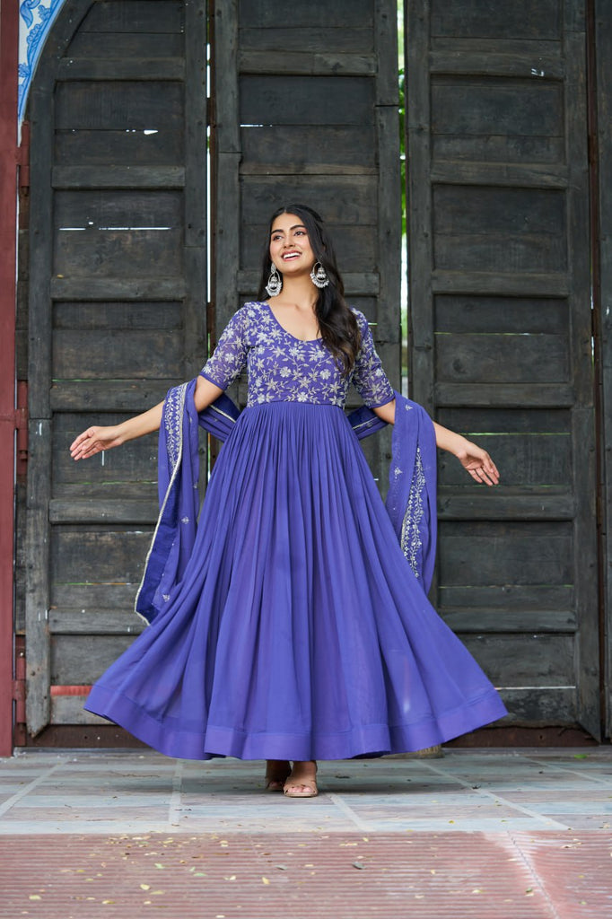 Purple Premium Faux Blooming Sequins & Multithread Beads Embroidered Gown with Designer Dupatta ClothsVilla