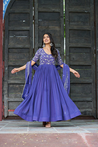 Purple Premium Faux Blooming Sequins & Multithread Beads Embroidered Gown with Designer Dupatta ClothsVilla
