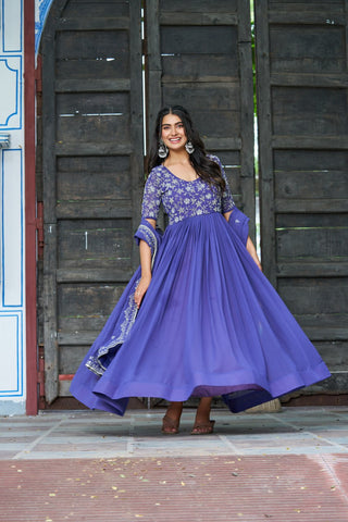 Purple Premium Faux Blooming Sequins & Multithread Beads Embroidered Gown with Designer Dupatta ClothsVilla