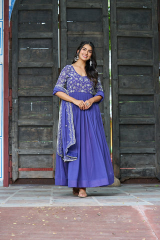 Purple Premium Faux Blooming Sequins & Multithread Beads Embroidered Gown with Designer Dupatta ClothsVilla
