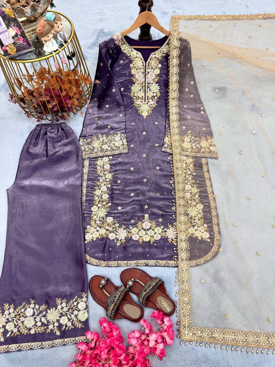 Purple Premium Jimmy Choo Embroidered Palazzo Set with Dupatta ClothsVilla Main image