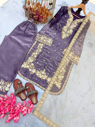 Purple Premium Jimmy Choo Embroidered Palazzo Set with Dupatta ClothsVilla