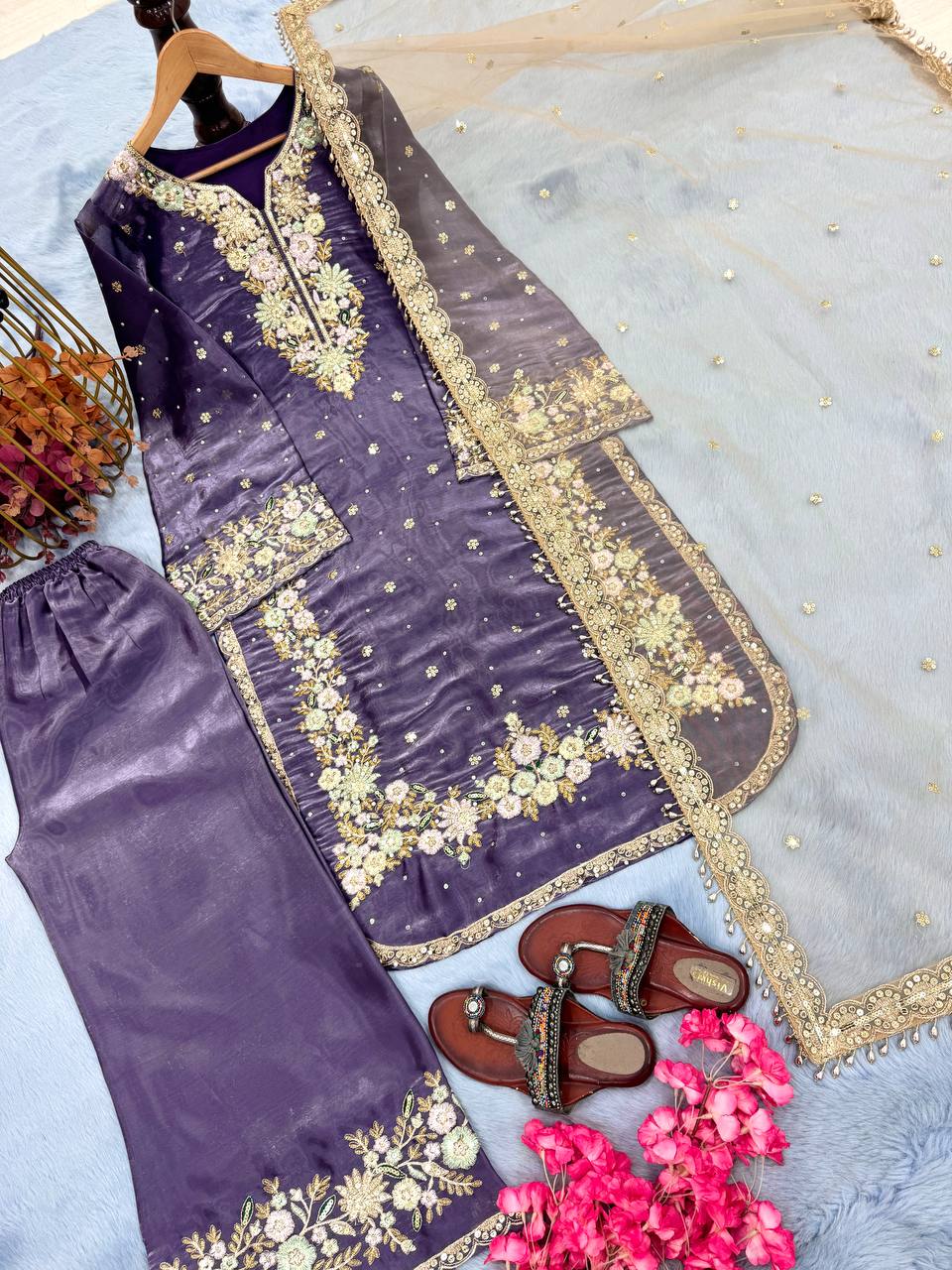 Purple Premium Embroidered Palazzo Set with Dupatta Secondary image