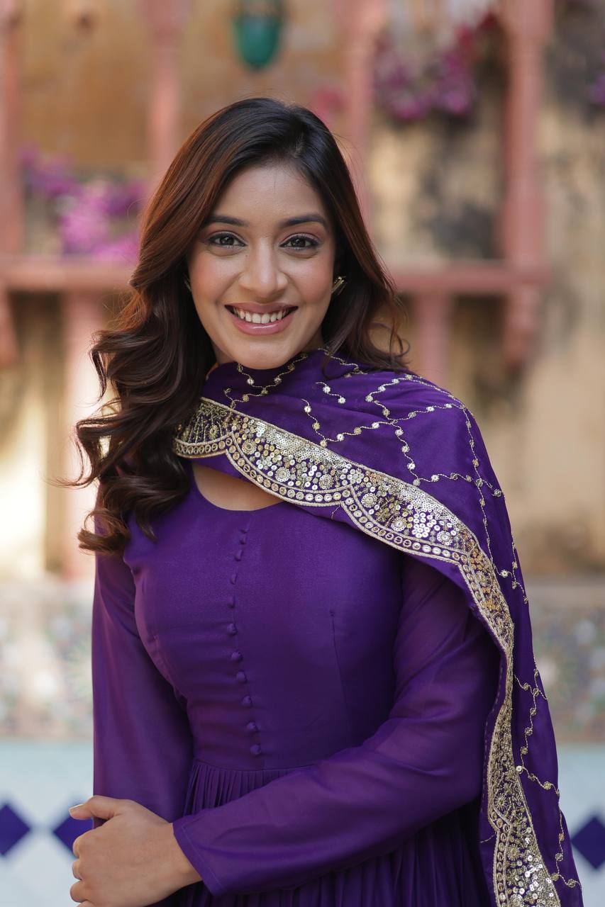 Purple Premium Readymade Elegant Flair Gown with Designer Dupatta