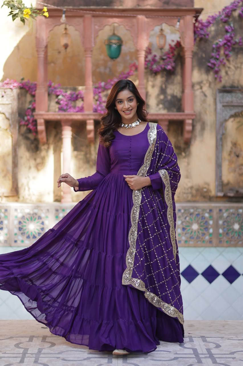 Purple Premium Readymade Elegant Flair Gown with Designer Dupatta