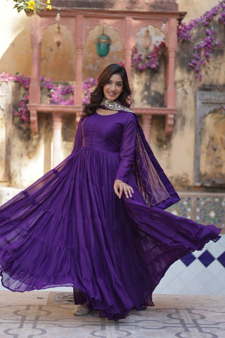 Purple Premium Readymade Elegant Flair Gown with Designer Dupatta