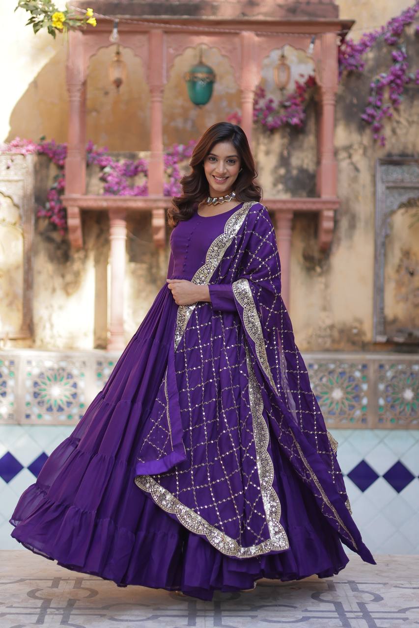 Purple Premium Readymade Elegant Flair Gown with Designer Dupatta