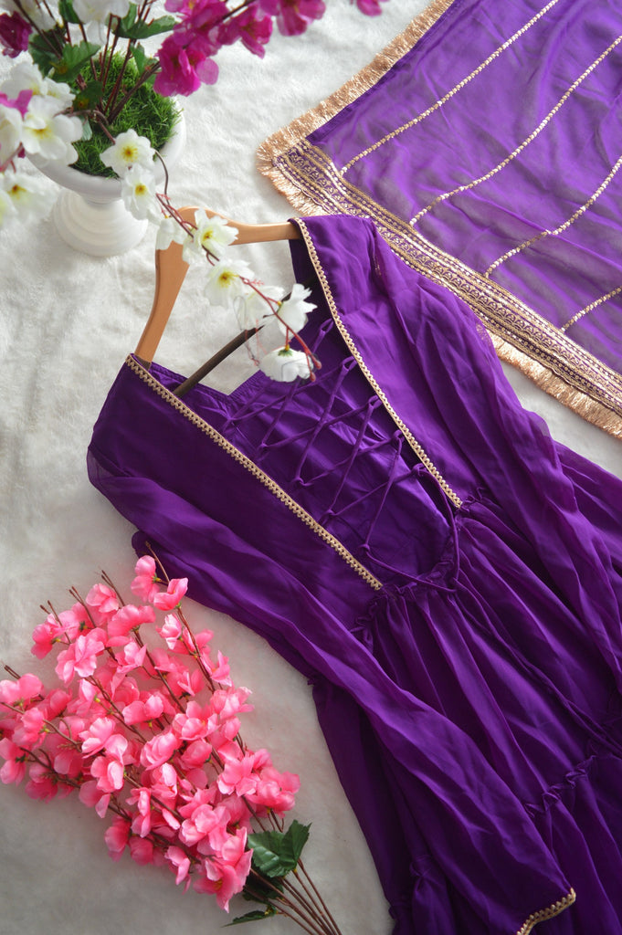 Purple Premium Ruffle Style Faux Georgette Gown with Sequin Embroidered Dupatta – Fully Stitched ClothsVilla