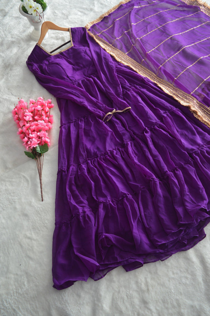 Purple Premium Ruffle Style Faux Georgette Gown with Sequin Embroidered Dupatta – Fully Stitched ClothsVilla