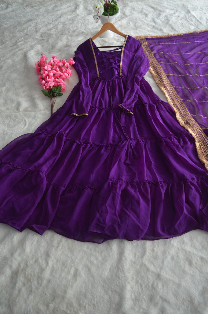Purple Premium Ruffle Style Faux Georgette Gown with Sequin Embroidered Dupatta – Fully Stitched ClothsVilla