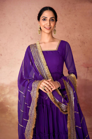 Purple Premium Ruffle Style Faux Georgette Gown with Sequin Embroidered Dupatta – Fully Stitched ClothsVilla
