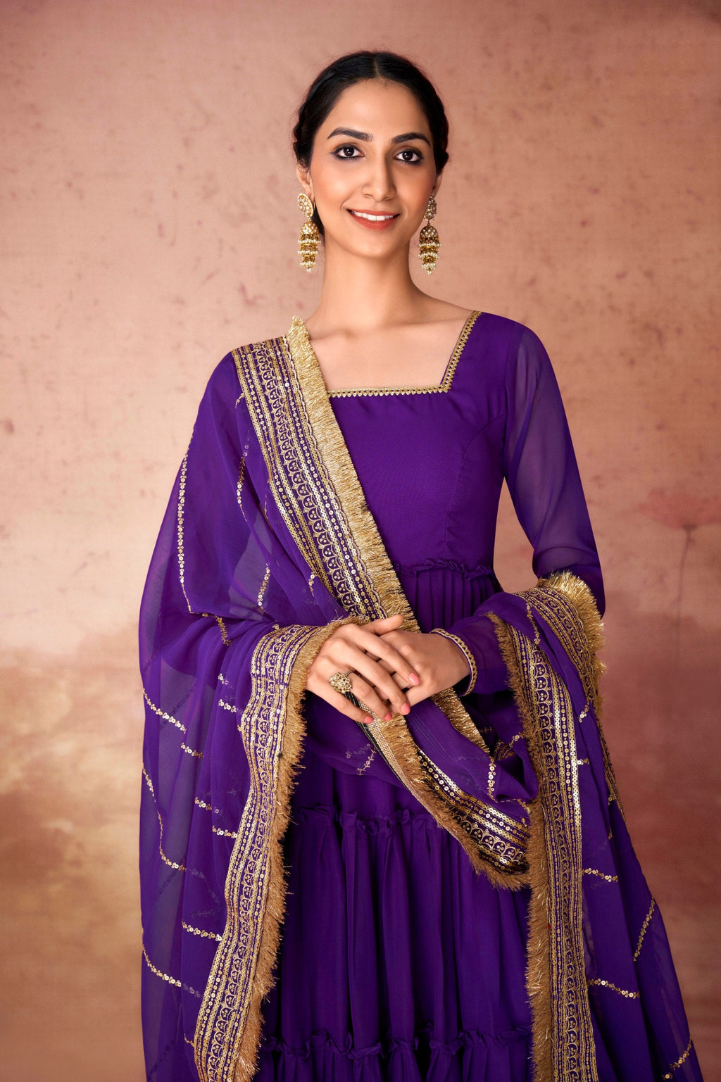 Purple Premium Ruffle Style Faux Georgette Gown with Sequin Embroidered Dupatta – Fully Stitched ClothsVilla