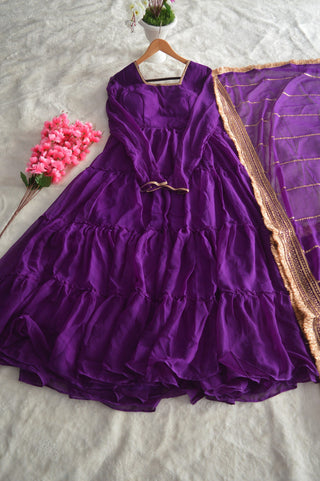 Purple Premium Ruffle Style Faux Georgette Gown with Sequin Embroidered Dupatta – Fully Stitched ClothsVilla