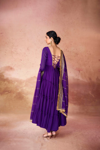 Purple Premium Ruffle Style Faux Georgette Gown with Sequin Embroidered Dupatta – Fully Stitched ClothsVilla