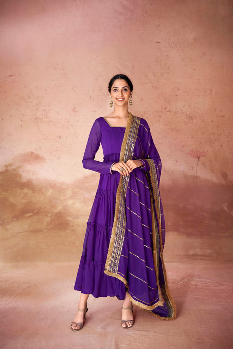 Purple Premium Ruffle Style Faux Georgette Gown with Sequin Embroidered Dupatta – Fully Stitched ClothsVilla Main image