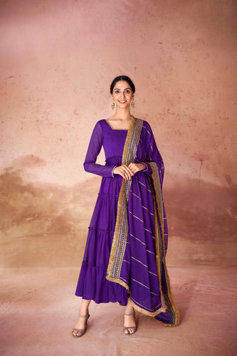 Purple Premium Ruffle Style Faux Georgette Gown with Sequin Embroidered Dupatta – Fully Stitched ClothsVilla