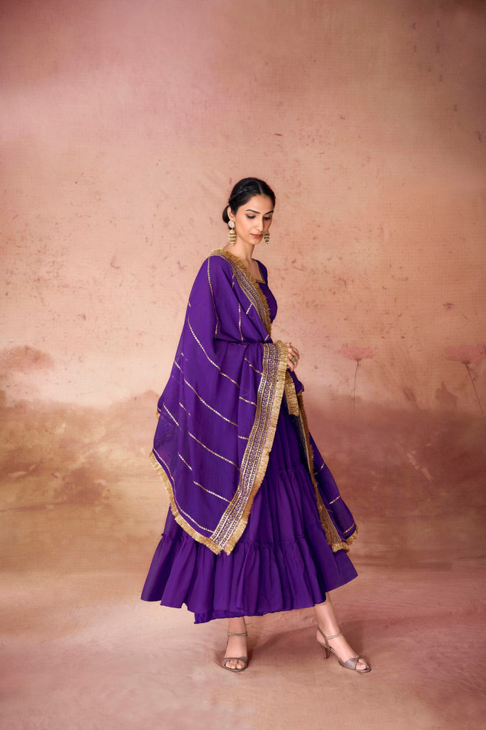 Purple Premium Ruffle Style Faux Georgette Gown with Sequin Embroidered Dupatta – Fully Stitched ClothsVilla