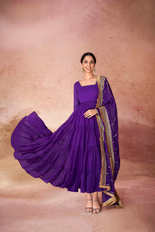 Purple Premium Ruffle Style Faux Georgette Gown with Sequin Embroidered Dupatta – Fully Stitched ClothsVilla