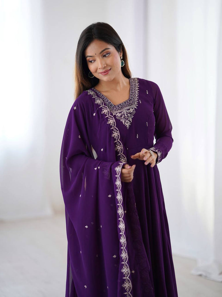 Purple Premium Soft Fox Georgette Fully Flared Anarkali Set with Dupatta & Pant Clothsvilla
